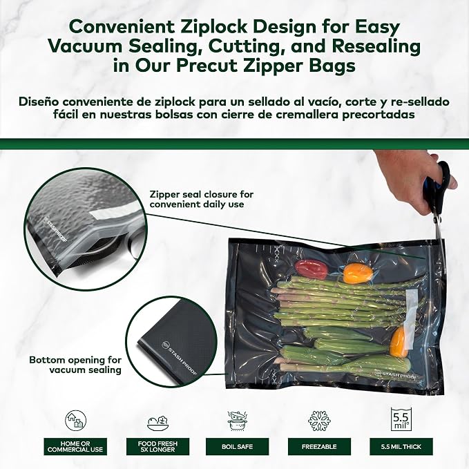 Resealable Vacuum Seal Zipper Bags 11" x 24" (50 Count) 5.5 Mil (Black & Clear) Precut BPA Free Heavy-Duty Commercial Grade Reclosable Bag, Sous Vide, Meal Prep, Freezer Storage & Food Preservation