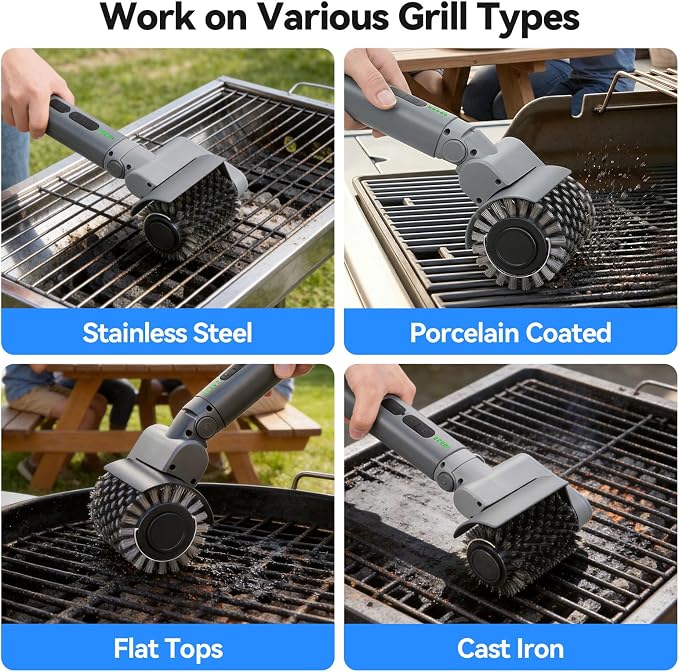 Upgrade Electric Grill Brush, BBQ Grill Brush for Outdoor Grill - 180°Adjustable Automatic Stainless Steel Wire Grill Cleaning Brush for Camping Outdoor BBQ Accessories