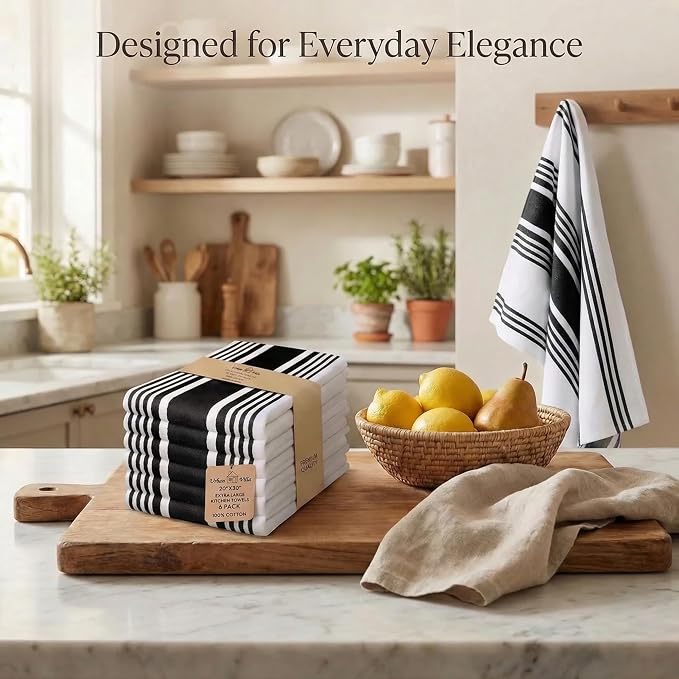 Urban Villa Kitchen Towels 100% Cotton Dish Towels for Kitchen (Set of 6)20”x30” Dish Cloths Highly Absorbent Kitchen Linen Set with Hanging Loop Perfect for Drying Dishes Cleaning Towels-Black White