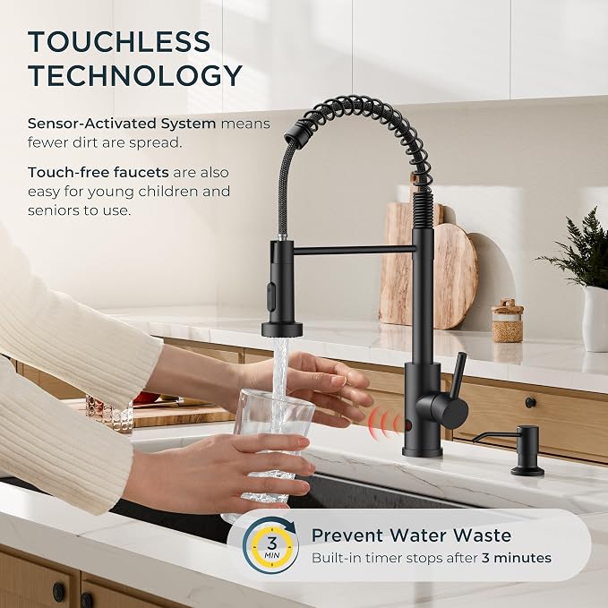 FORIOUS Touchless Kitchen Faucet with Soap Dispenser, Matte Black | Single Handle Stainless Steel, Smart Hands-Free Sink Faucet with Pull Down Sprayer for Camper Rv Bar, Motion Sensor Activated