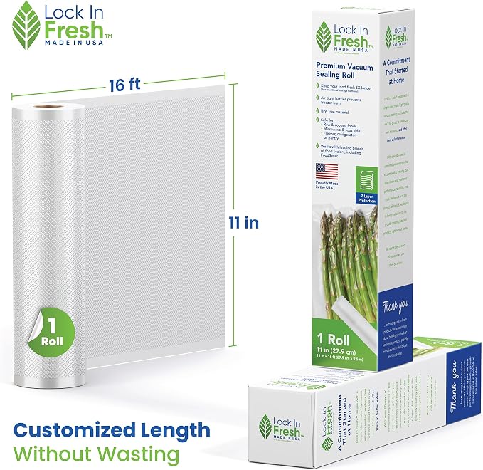 Vacuum Sealer Bags for Food - Heavy Duty Food Saver Vacuum Sealer Bag Rolls - Sous Vide, Seal a Meal Bags, 1-pack, 11" x 16' - Made in the USA