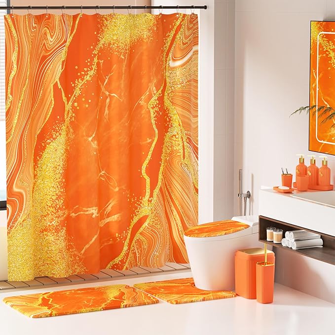 21PCS Bathroom Sets with Shower Curtain and Rugs Bathroom Accessories Set Orange Bathroom Set Complete with Trash Can, Toilet Brush, Qtip Holder & 3PCS Soap Dispenser