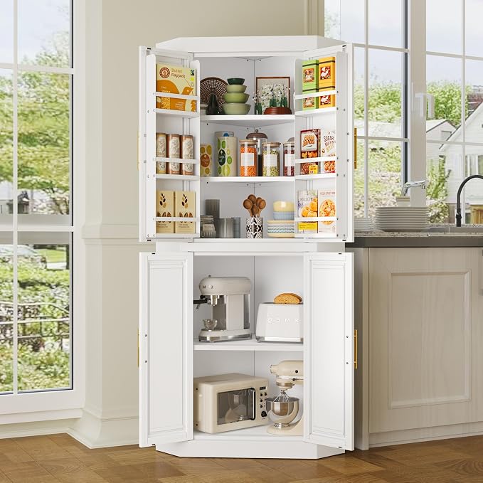 GAIOUS 63" Metal Corner Kitchen Pantry Cabinet, Kitchen Food Cabinets White | Tall Steel Storage Cabinet with 4 Doors and 3 Shelves, Farmhouse Cupboard with 6 Door Panel Shelves, for Dining Hallways