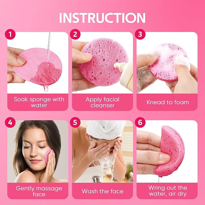 GAINWELL Gifts for MoM in Mothers Day, 50-Count Compressed Facial Sponge, Daily Facial Cleansing and Exfoliating, 100％ Natural Cosmetic Spa Sponges for Makeup Remover, Reusable, Pink