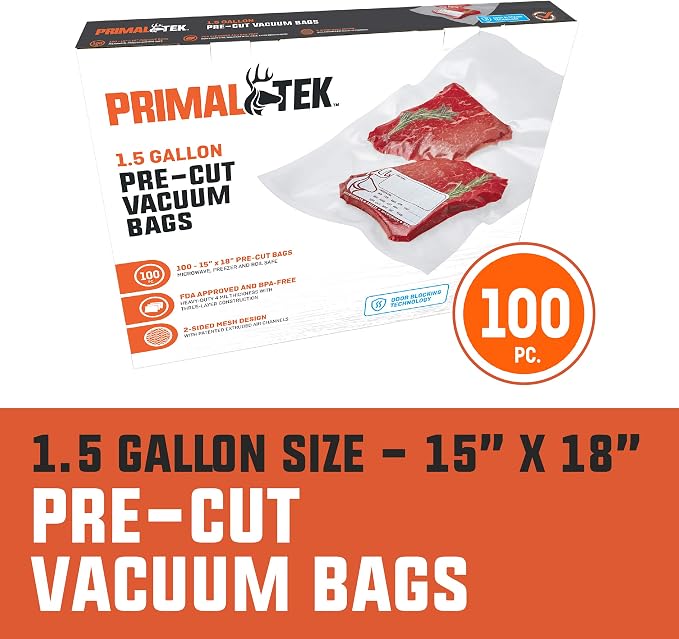 15” x 18” Pre-Cut Vacuum Bags – 100 1.5 Gallon Bags for Food Preservation – BPA-Free Vacuum Sealer Bags, Microwave, Freezer and Boil Safe, Compatible with Any Vacuum Sealer Machine
