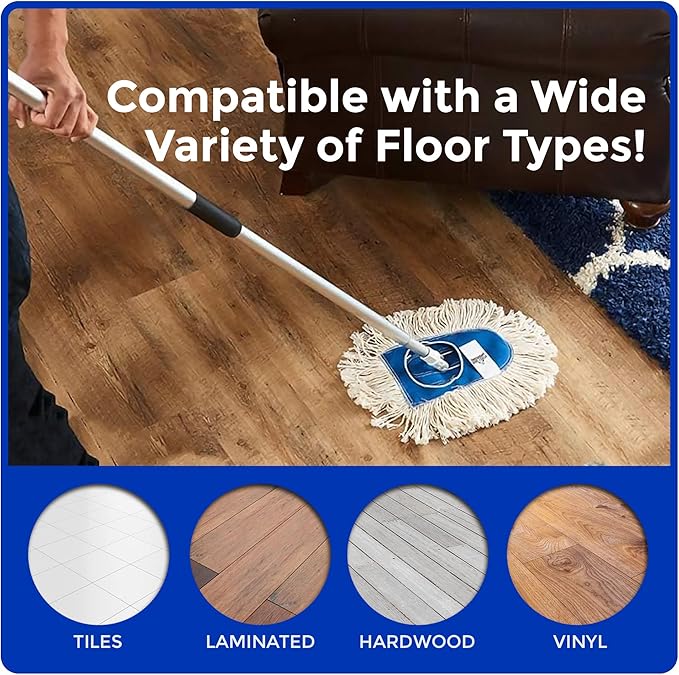 Nine Forty Heavy Duty, Industrial-Strength Cotton Wedge Dust Mop Head w/ Handle - Home & Commercial Hardwood Floor Cleaning - Designed for High-Performance Janitorial & Housekeeping Tasks