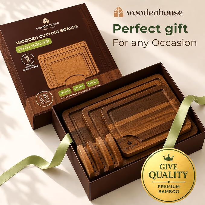 Acacia Wood Cutting Board Set of 3 with Holder & Juice Grooves | Built-in Handles, Durable – for Chopping, Food Prep & Serving as a Charcuterie Platter