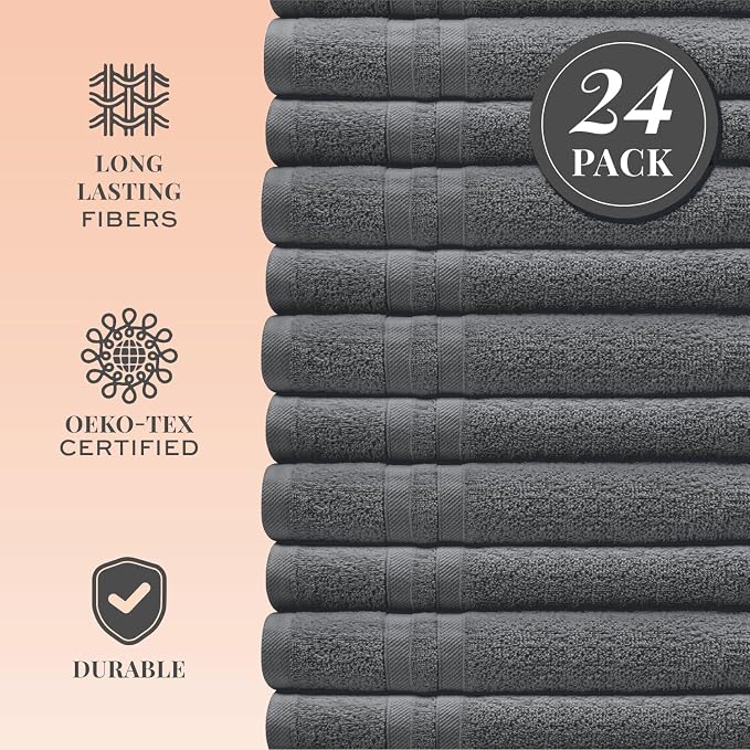 White Classic Wealuxe Dark Gray Washcloths 24 Pack - 600 GSM 100% Ring-Spun Cotton Wash Cloths for Showering, Highly Absorbent and Soft | 12x12 Inches
