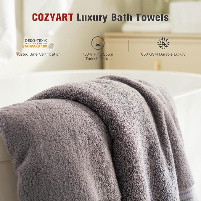 COZYART Luxury Bath Towel Set 6 Pcs, Grey 100% Turkish Cotton 650 GSM | OEKO-Tex 100 Certified Zero Twist Ring Spun, Soft Absorbent Quick Dry, Plush Fluffy, Breathable Hotel Quality for Daily Use