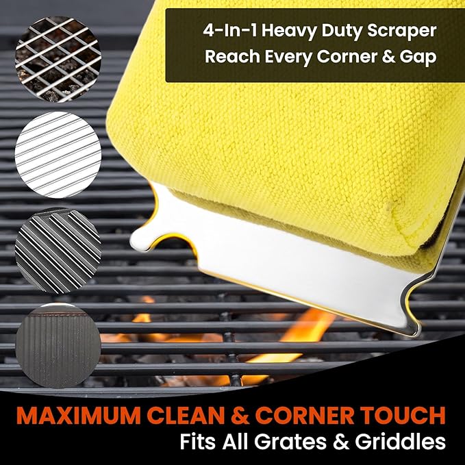 Grill Brush for Outdoor Grill, Bristle Free Grill Brush with Scraper, Safe Steam Grill Cleaner for BBQ &Griddle, Long Rosewood Handle Reaches Corners, for Porcelain, Cast Iron & Stainless Steel Grates