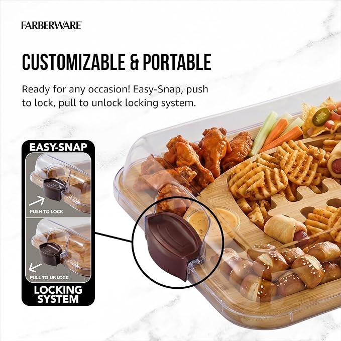 Farberware Build-A-Board Football Bamboo Charcuterie Board with Clear Locking Lid, Reversible Cutting & Serving Board, Recessed Handles, Portable Game Day Snack Tray, 11 x 14 Inch, Make It, Take It