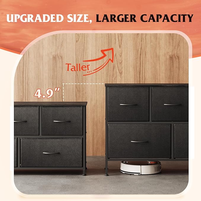 WLIVE 5 Drawer Dresser for Bedroom, Wide Chest of Drawers, Charcoal Black | 5 roomy fabric drawers, Wide low-profile design, Bedroom or closet use, Sturdy steel frame, Smooth wood tabletop