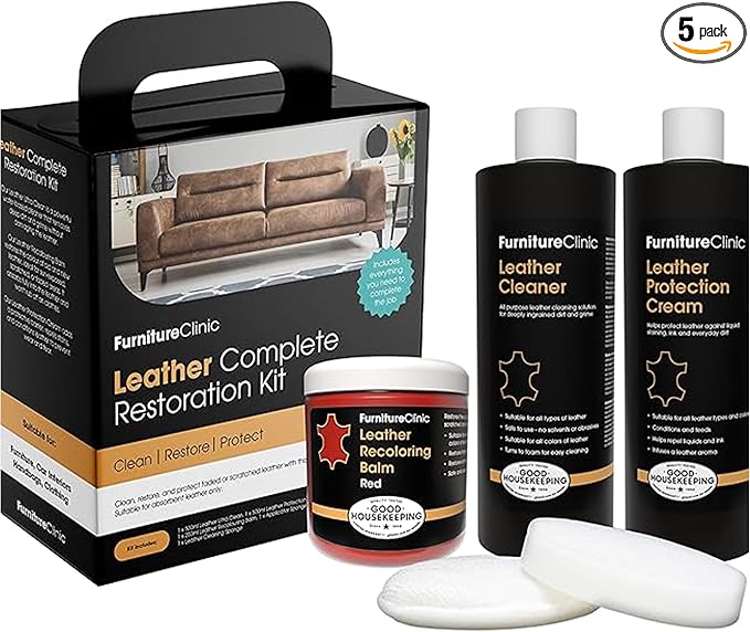 Furniture Clinic Leather Complete Restoration Kit | with Leather Recoloring Balm, Cleaner, 2-in-1 Protection Cream & Conditioner, Sponge, and Cloth | Repair Kit for Furniture (Red)