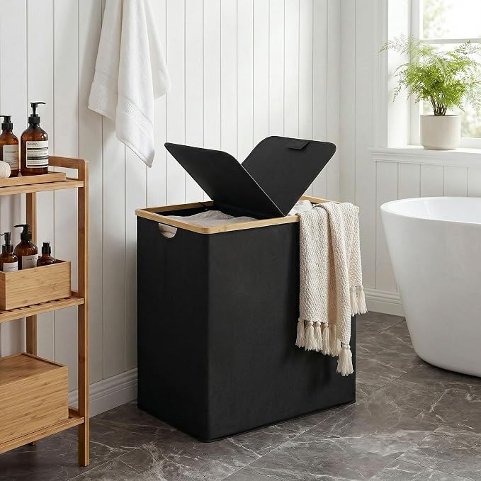 efluky Laundry Hamper with Lid, Double Laundry Basket with 2 Removable Bags, 2 Section Laundry Bin with Bamboo Handles for Bathroom, Bedroom & Laundry Room, 140L (36.9 Gallon) Black