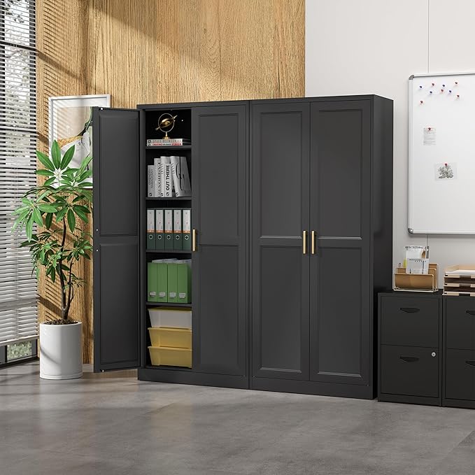 Steeloong 71"Metal Pantry Storage Cabinet with Doors & 4 Adjustable Shelves | Kitchen Pantry Cabinet,Black Kitchen Cabinet with 2 Gold Handles,Tall Cabinet for Livingroom,Pantry, Bathroom,Kitchen,Garage