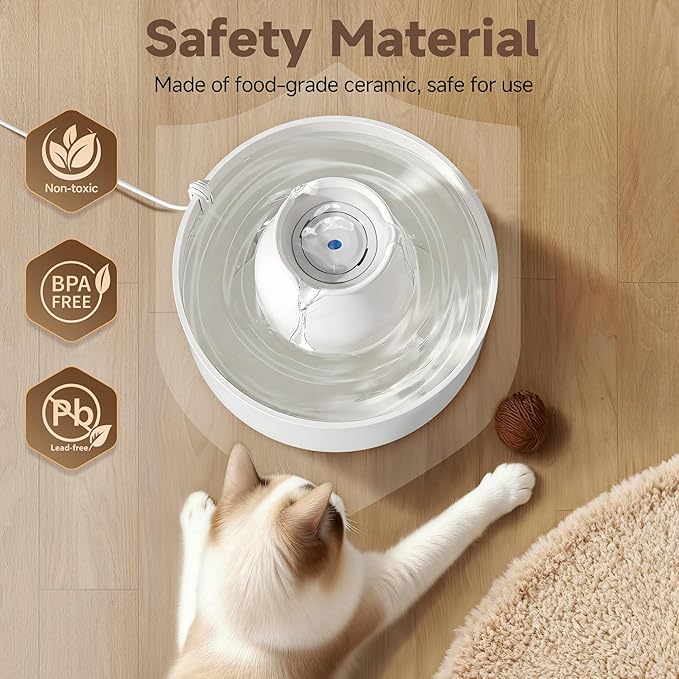 PETIMI Ceramic Cat Water Fountain, 3L/101 fl oz Ultra-Quiet Pet Water Fountain, Automatic Water Dispenser for Cats & Small Dogs, No Spill Cat Water Bowl, BPA-Free, 2 Filters Included, Easy to Clean