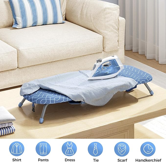 Kingboard Tabletop Ironing Board with Iron Holder, Small Iron Board with Heat Resistant Covers, Portable Mini Ironing Board with Non-Slip Feet for Home Travel, 12 * 32 Blue
