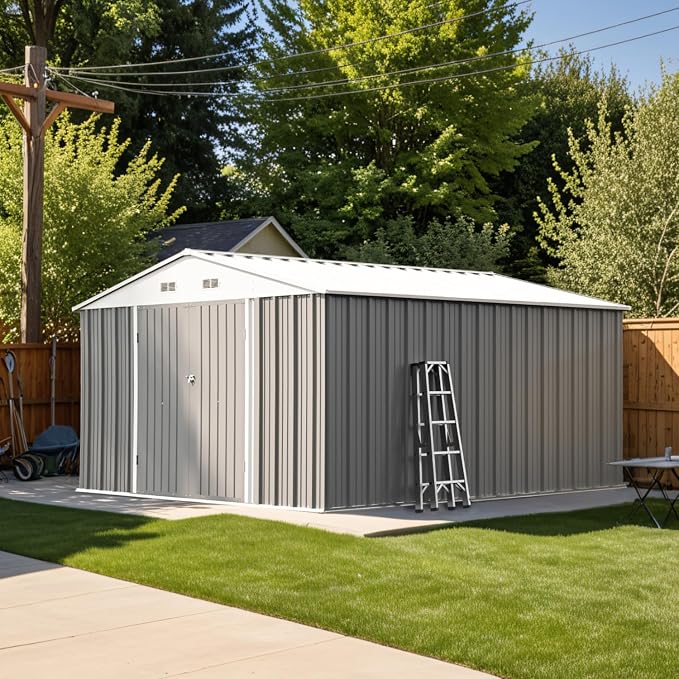Patiowell 10x12 FT Metal Outdoor Storage Shed, Gray | Large Steel Yard Shed, Lockable Doors, Utility and Tool Storage Sheds for Garden, Backyard, Patio, Outside Use