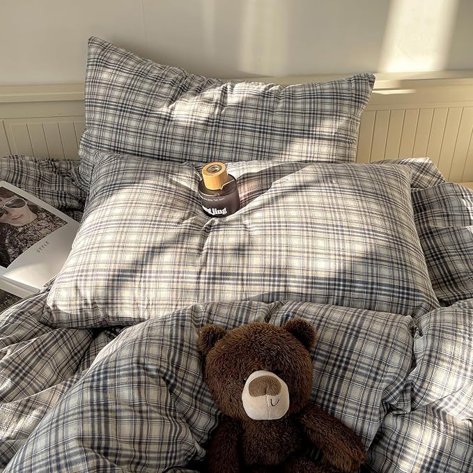 mixinni Twin Duvet Cover Set - 3 Piece Vintage Buffalo Plaid Bedding, 100% Washed Cotton Duvet Cover with 2 Pillowcases, Soft & Breathable Navy Beige White Geometric Grid Pattern for All Seasons