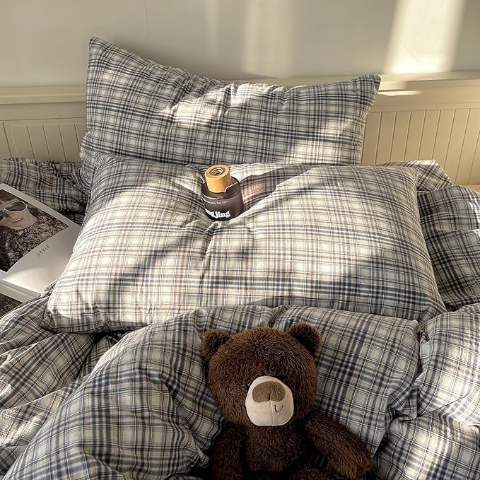 mixinni Full Duvet Cover Set - 3 Piece Vintage Buffalo Plaid Bedding, 100% Washed Cotton Duvet Cover with 2 Pillowcases, Soft & Breathable Navy Beige White Geometric Grid Pattern for All Seasons