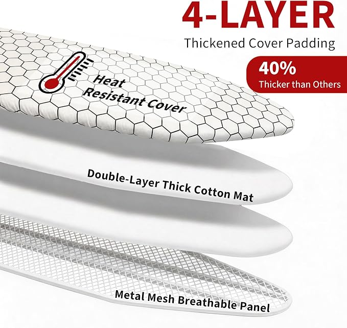 Ironing Board, 43"×13" with Iron Rest, Clothes Shelf & 7 Adjustable Height | Iron Board with Bulit-in Hook and Hanger Bar, 4 Layer Heat Resistant Cover and Pad for Home Apartment Laundry, Hexagon White