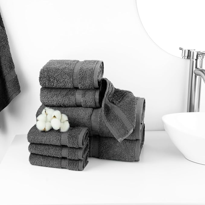 Chakir Turkish Linens Set of 8 Towel Set, 100% Cotton Luxury Turkish Towels for Bathroom, Soft Absorbent Bath Towel Set with 2 Bath Towels 2 Hand Towels 4 Washcloths, Dark Gray