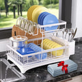 Godboat 2-Tier Dish Drying Rack - Dish Rack with Auto Drain-to-Sink & Mat | Dish Racks for Kitchen Counter, Dish Drainer with Knife Fork & Cup Rack, Gifts for Women, Mothers Day, Kitchen Gadgets, White