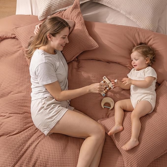 PHF Waffle Weave Duvet Cover Set Queen Size, No Snagging Ultra Soft Luxury Textured Breathable Comforter Cover for All Season 3pcs, Durable Bedding Duvet Set with 2 Pillow Shams, 90"x90", Terra Cotta