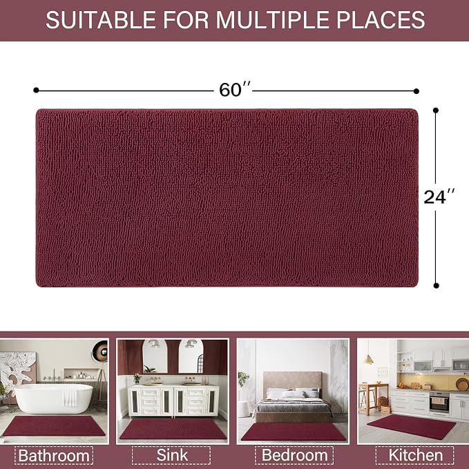 LOCHAS Luxury Bathroom Rug Shaggy Bath Mat 24 x 60 Inch, Burgundy | Washable Non Slip Bath Rugs for Bathroom Shower, Soft Plush Chenille Absorbent Carpets