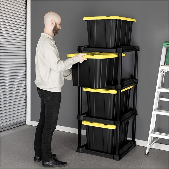 Sterilite 4 Tier Tote Rack, Vertical Plastic Organizer with 4 Pack 27 Gallon Industrial Storage Totes, Black - for Garages, Workshops, or Basements