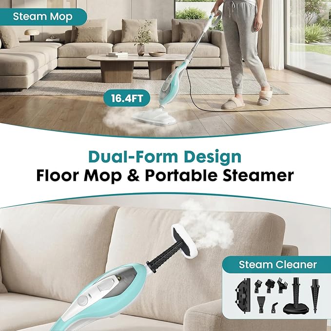 DUMOS 10-in-1 Multifunctional Steam Mop, 1550W Detachable Handheld Steam Cleaner, 16FT Power Cord with 2 Reusable Pads, Floor Steamer for Hardwood, Tile, Carpet, Grout, Windows
