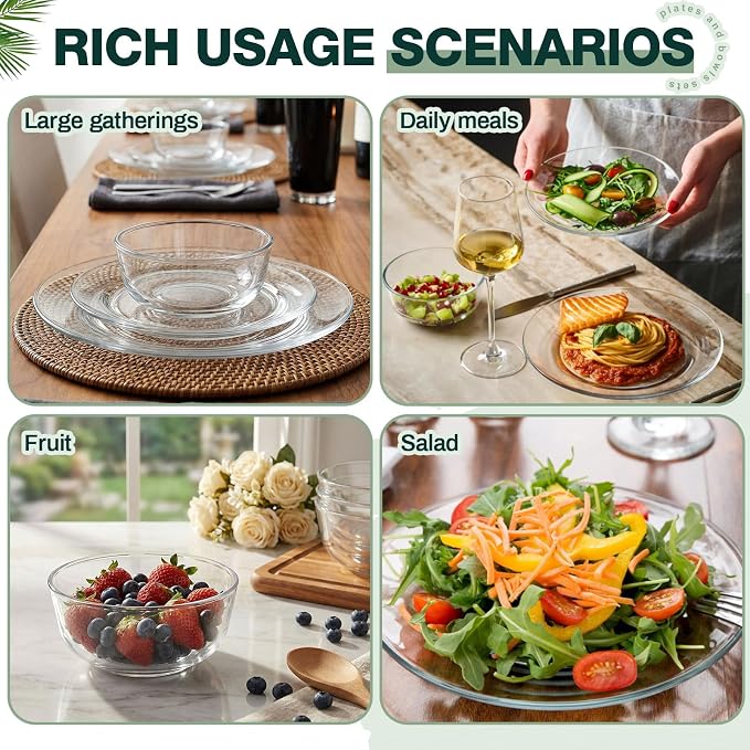 Havawish 24 Pcs Glass Dinnerware Set Sleek Round Clear Glass Plate and Bowl Sets for Dessert, Salad, Fruit, Dishwasher, Microwave Safe Kitchen Dining