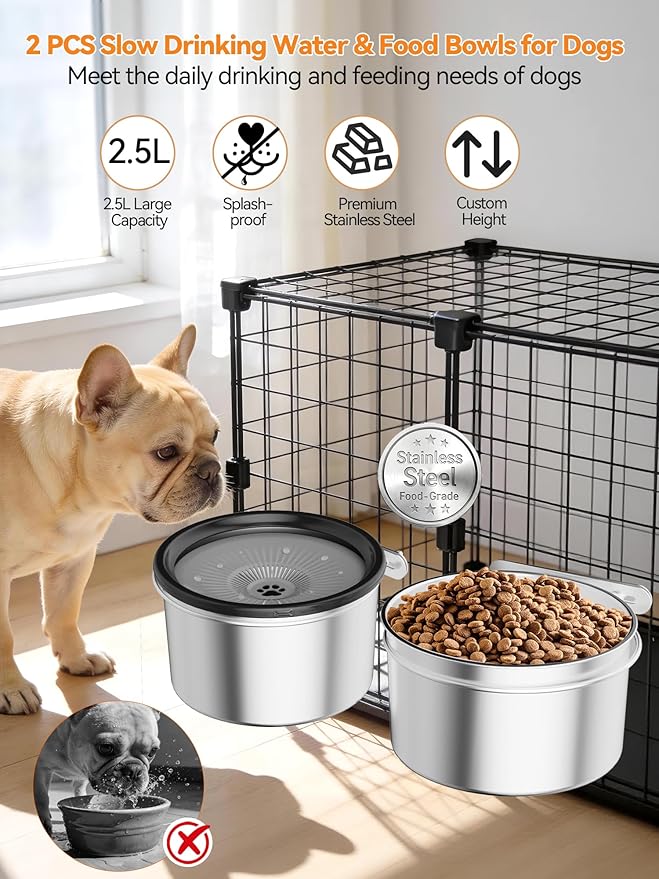 2.5L No Spill Dog Crate Bowl, 2Pcs Stainless Steel Bowls Set | Adjustable Height , Anti-Splash Water & Food Pet Bowl For Cage Kennel, Large Capacity For Medium Large Dogs