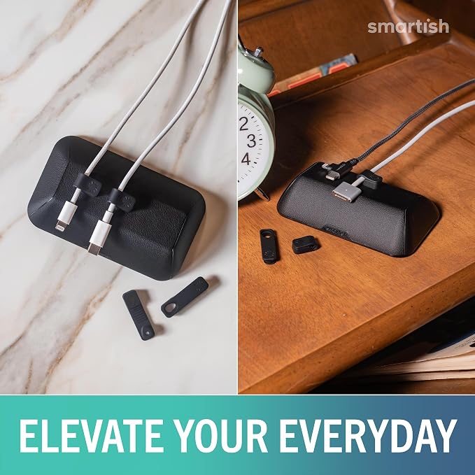Smartish® Magnetic Cord Holder - Bigger Cable Wrangler Organizer with Magnet Clips for Charger Management on Desktop, Nightstand - Holds 6+ Cables - Black Tie Affair