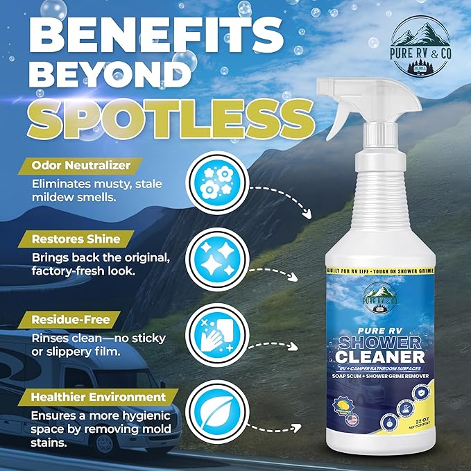 Shower Cleaner 32oz Spray - RV Bathroom Cleaner for Fiberglass & Plastic | Removes Hard Water Stains, Soap Scum & Mildew | Bleach-Free, Low Odor, Citrus Scent, Made in USA