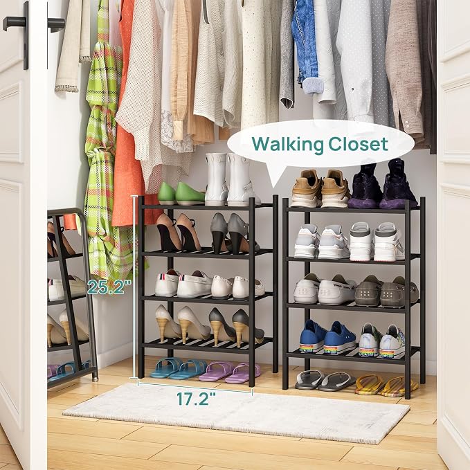 viewcare Black Small Shoe Rack for Entryway, 4-Tier Bamboo Shoe Organizer for Hallway Closet, Free Standing Shoe Racks for Indoor Outdoor