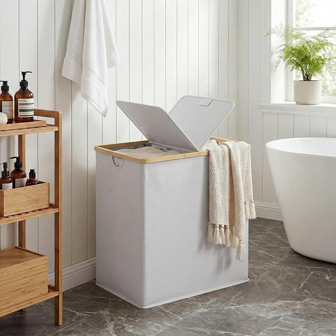 efluky Laundry Hamper with Lid, Double Laundry Basket with 2 Removable Bags, 2 Section Laundry Bin with Bamboo Handles for Bathroom, Bedroom & Laundry Room, 140L (36.9 Gallon) Light Grey