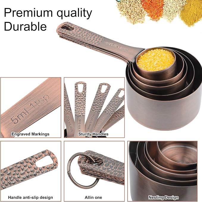 Copper Plated Measuring Cups and Spoons set 18 for Dry & Liquid, Metric & US Stainless Steel Measuring Cup and Spoon Set with Leveler for Baking & Kitchen
