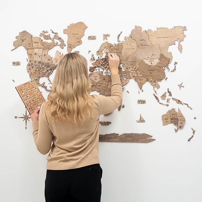 Enjoy The Wood 3D Wood World Map Wall Art Large Wood Wall Décor Housewarming Gift Idea Art World Travel Map For Home & Kitchen or Office (3XL, Terra)