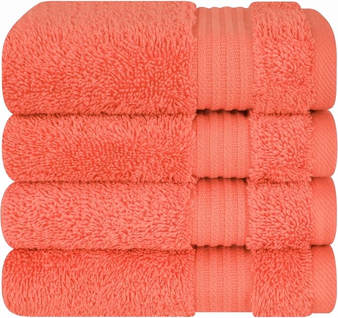 Cotton Paradise 100% Cotton Turkish Towel Set, Soft Absorbent Quick Dry, 4 Piece Washcloth Set, Coral