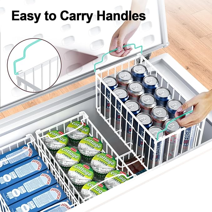 Freezer Organizer Bins, 4 Pack Big Baskets for 5/ 7 Cu.FT Deep Freezer | Stackable Chest Freezer Organizer Bins, Foldable Baskets with Handles, White Storage Container Baskets for Sort Frozen Meats