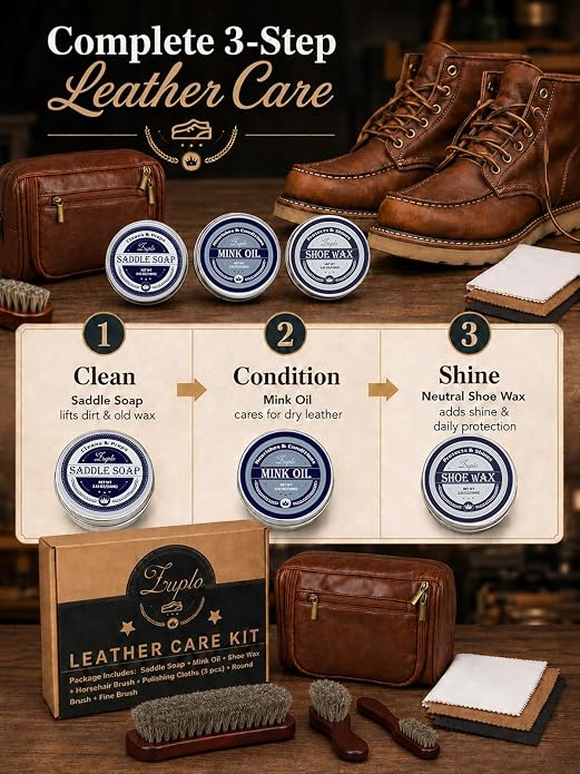 Leather Care Kit, 3.53 oz Saddle Soap, Mink Oil & Neutral Shoe Wax, Shoe Shine Kit with 3 Brushes, 3 Cloths & Bag