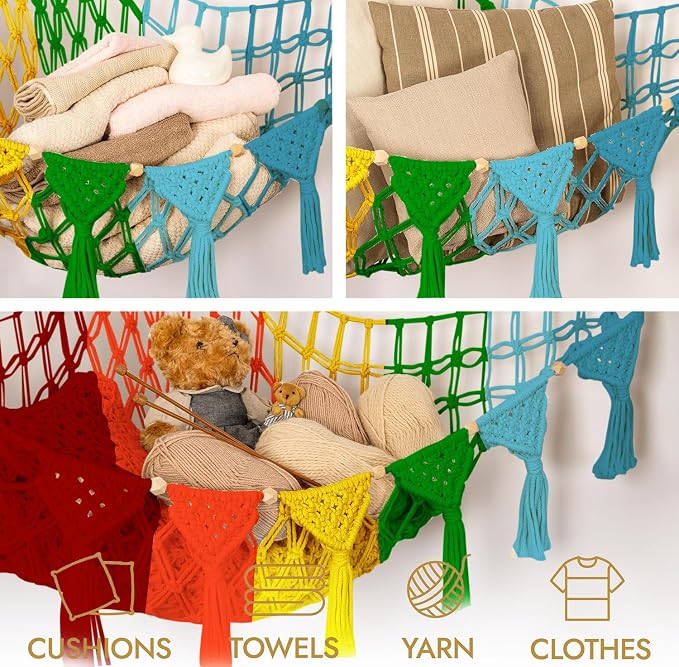 TIDYTEDS Macrame DreamLights Boho Animal Storage Net - Extra Large and Small Stuffed Animal Net or Hammock (Rainbow)