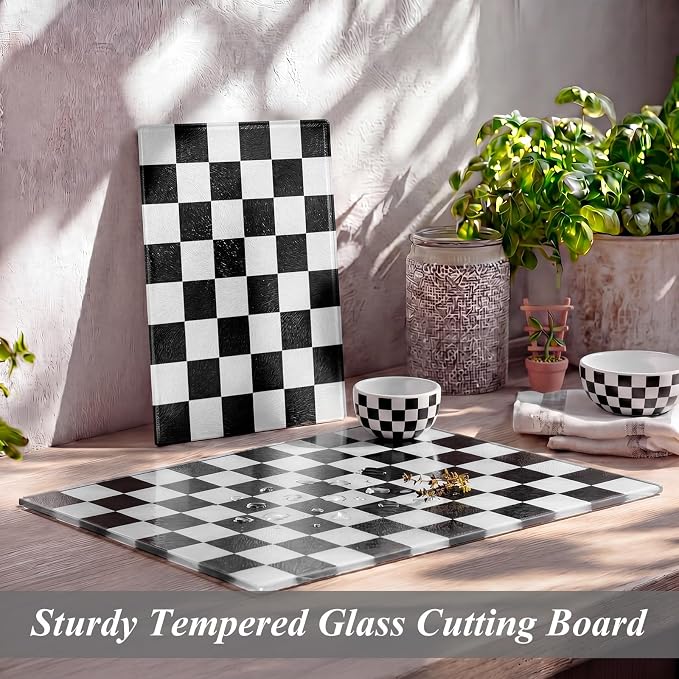 Thenshop Set of 2 Tempered Glass Cutting Boards Black Check Countertop Cutting Boards Heat Resistant with Non-slip Feet for Kitchen Counter Housewarming Wedding Gift 7.9x11inch+11x15 Inch