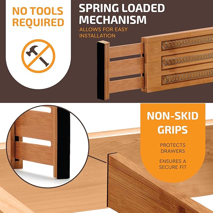 6 Pack Bamboo Drawer Dividers - 6 Inch High for Deep Drawers, Adjustable 11.5 to 17 Inch Expandable Kitchen Drawer Organizer, Spring Loaded Dresser Separator for Clothes, Bedroom, Bathroom, Office