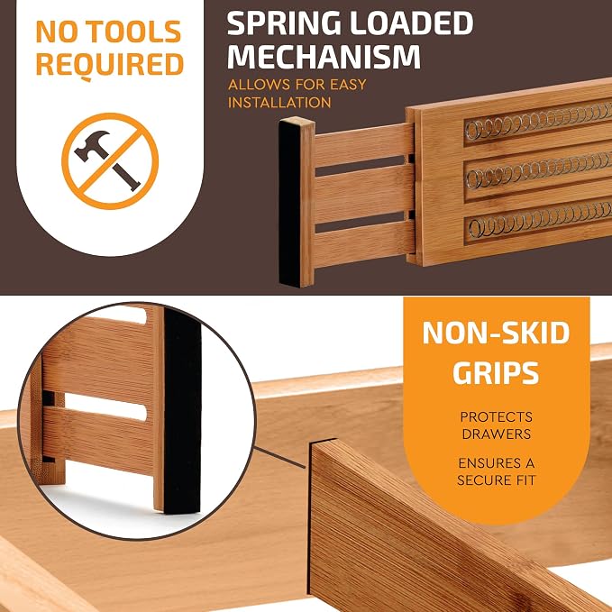 6 Pack Bamboo Drawer Dividers - 4 Inch High, Adjustable 11.5 to 17 Inch Expandable Kitchen Drawer Organizer, Spring Loaded Dresser Separator for Utensils, Clothes, Bedroom, Bathroom, Nursery, Office