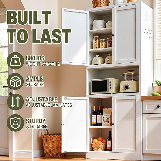 AQY Metal Pantry Cabinet, 72" White Kitchen Storage Cabinet with Doors | Microwave Stand 3 Adjustable Shelves Freestanding Storage Metal Cabinet Kitchen Organization