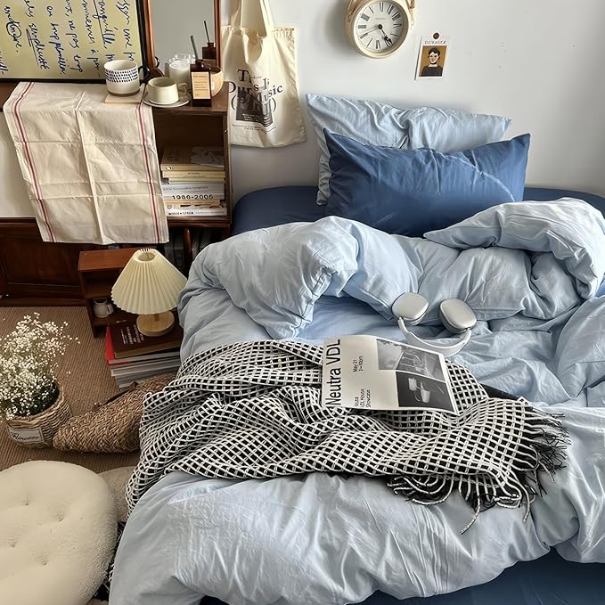 mixinni 100% Washed Cotton Duvet Cover Set King Size, Solid Light Blue Ocean Themed Chic Bedding, Soft Breathable Minimalist Comforter Cover with Zipper Closure & Corner Ties-King Size