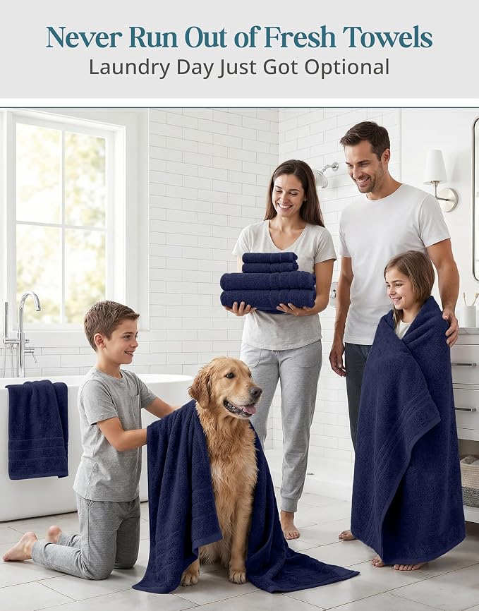 Casa Platino Towel Set for Bathroom Soft Absorbent Quick Dry - Navy | Bath Towel Sets For Bathroom - Dobby Border Accent, OEKO-TEX Certified, Ring-Spun Durability, Ring-Spun Cotton, Densely Woven