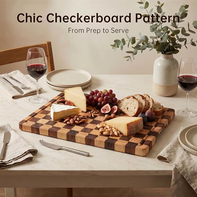 Cutting Boards for Kitchen, Checkered Cutting Board Upgraded, Acacia Wood Chopping Board with Juice Grooves & Handles, Large Butcher Block Serving Tray with Gift Box, 17"X12"X0.8"
